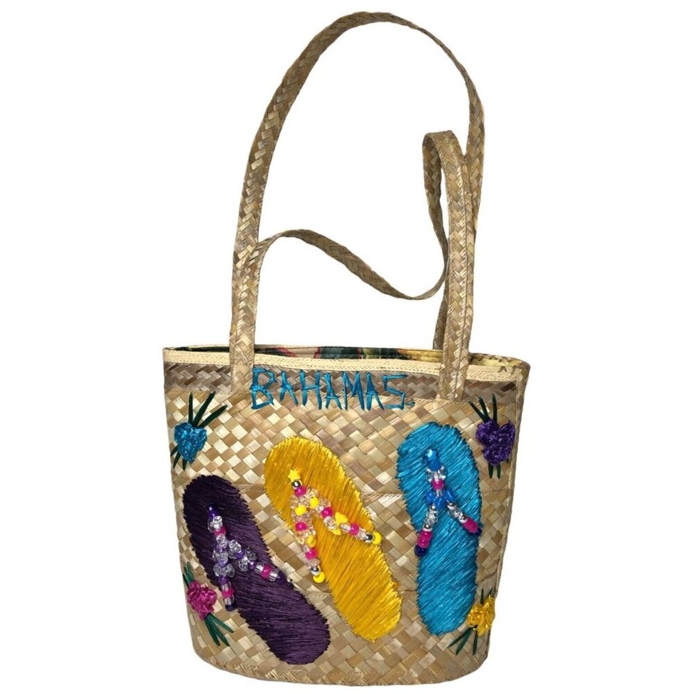 Bahamas Handwoven Straw Tote Bag Purse Floral Flip Flops Beads Lined Cruise Vtg - Picture 7 of 8
